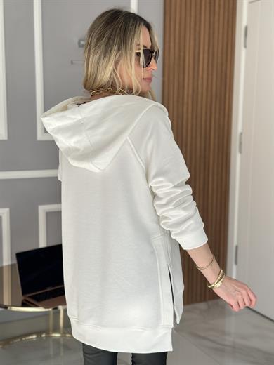 Sweatshirt Basic Oversize Yandan Yırtmaçlı Ekru