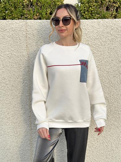 Sweatshirt Kot Yazı Detaylı Ekru