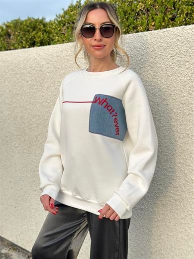 Sweatshirt Kot Yazı Detaylı Ekru