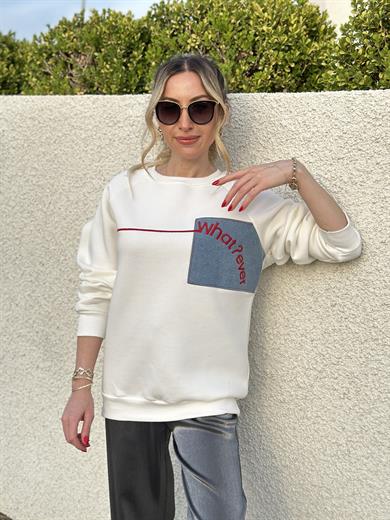 Sweatshirt Kot Yazı Detaylı Ekru