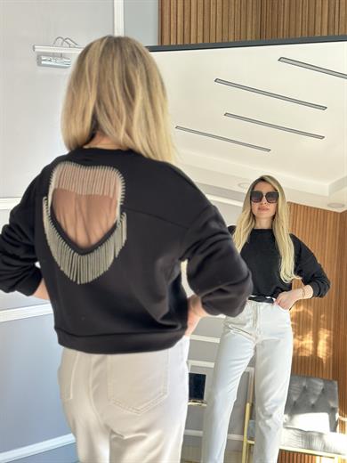Sweatshirt Sırtı Tül Kalp Detaylı Siyah
