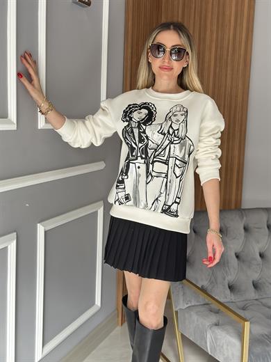 Sweatshirt Taşlı Girls Detaylı Ekru
