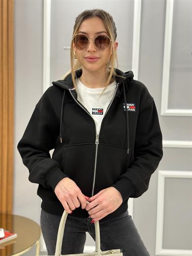 Th Fermuarlı Ceket Sweat Şardonlu Boyu 55 cm Siyah