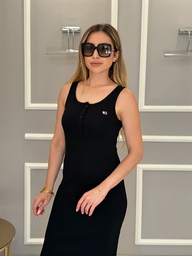 TH Fitilli Likralı Boyu 120 cm Siyah Elbise 