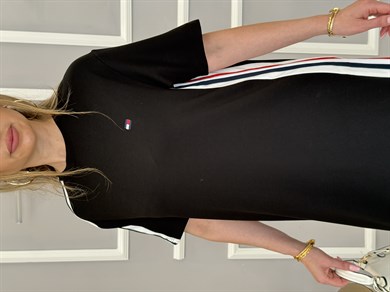 Th Modal Kumaş Şerit Detaylı Boyu 92cm Elbise Siyah