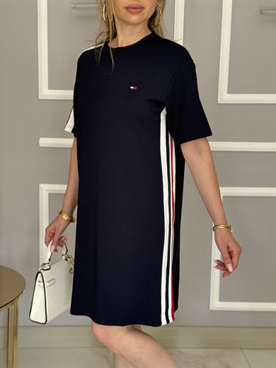 Th Modal Kumaş Şerit Detaylı Boyu 92cm Elbise Lacivert