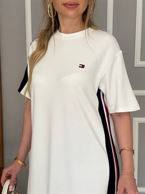 Th Modal Kumaş Şerit Detaylı Boyu 92cm Elbise Beyaz