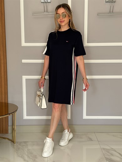 Th Modal Kumaş Şerit Detaylı Boyu 92cm Elbise Lacivert