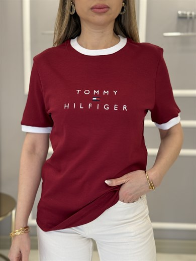 Th Premium Biyeli Nakış Yazılı Bordo Tişört 