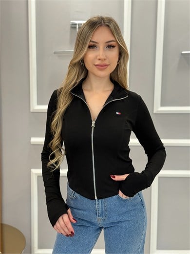 TH Premium Modal Kumaş Likralı Fermuarlı Parmak Geçmeli Bluz 53cm Siyah