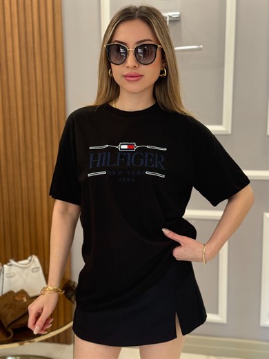 Th Premium Nakış Yazı Detaylı Tişört Siyah