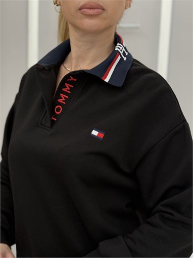 TH Premium Yakası Yazı Detaylı Sweatshirt Siyah