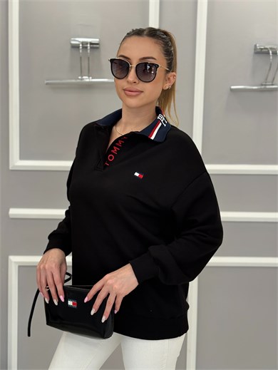 TH Premium Yakası Yazı Detaylı Sweatshirt Siyah