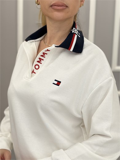TH Premium Yakası Yazı Detaylı Sweatshirt Beyaz