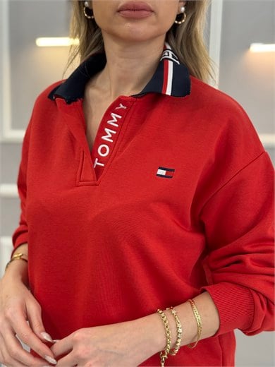 TH Premium Yakası Yazı Detaylı Sweatshirt Kırmızı