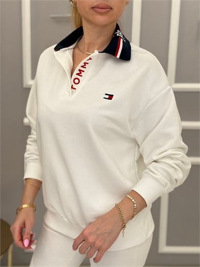 TH Premium Yakası Yazı Detaylı Sweatshirt Beyaz