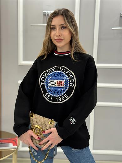 Th Şardonlu Nakış Detaylı Boyu 65cm Sweat Siyah 