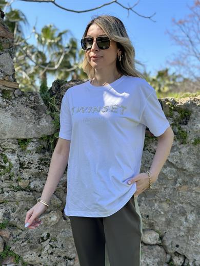 Tvt T-shirt Taşlı Kısa Kol Beyaz