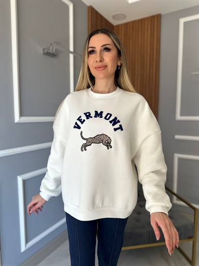 Vermont Baskılı Sweatshirt Krem 