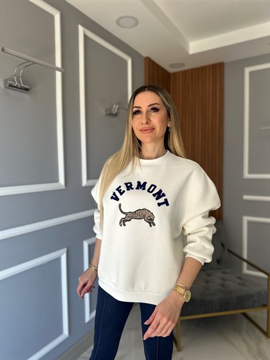 Vermont Baskılı Sweatshirt Krem 