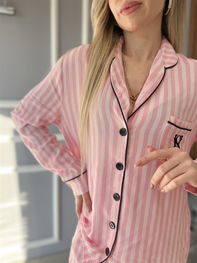 Vikos Çizgili Pijama Takımı Pembe