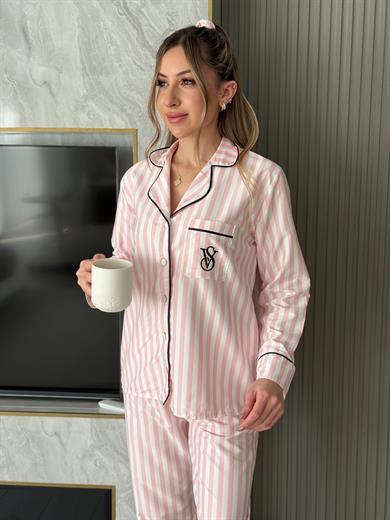 VS Pijama Takımı Pembe Çizgili Beyaz Pembe Mix