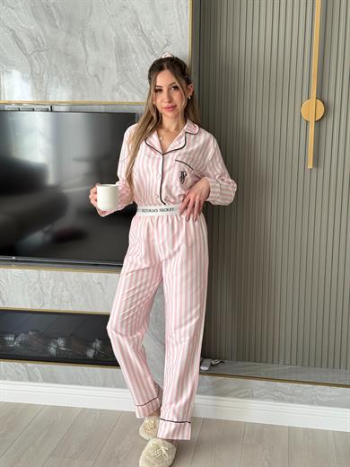 VS Pijama Takımı Pembe Çizgili Beyaz Pembe Mix