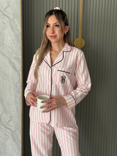 VS Pijama Takımı Pembe Çizgili Beyaz Pembe Mix