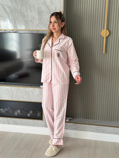 VS Pijama Takımı Pembe Çizgili Beyaz Pembe Mix