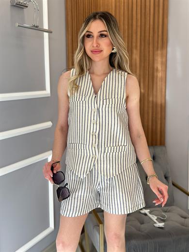 Yelek Keten Astarlı Çizgili Bej-Lacivert