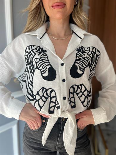 Zebra Nakışlı Gömlek Krem