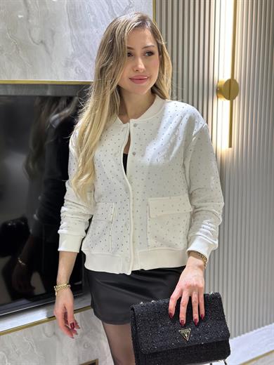 Zr Sweat Ceket Serpme Taşlı Ekru