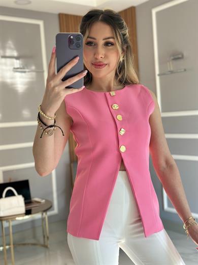 Zr Yelek Gold Düğmeli İçi Astarlı Pembe