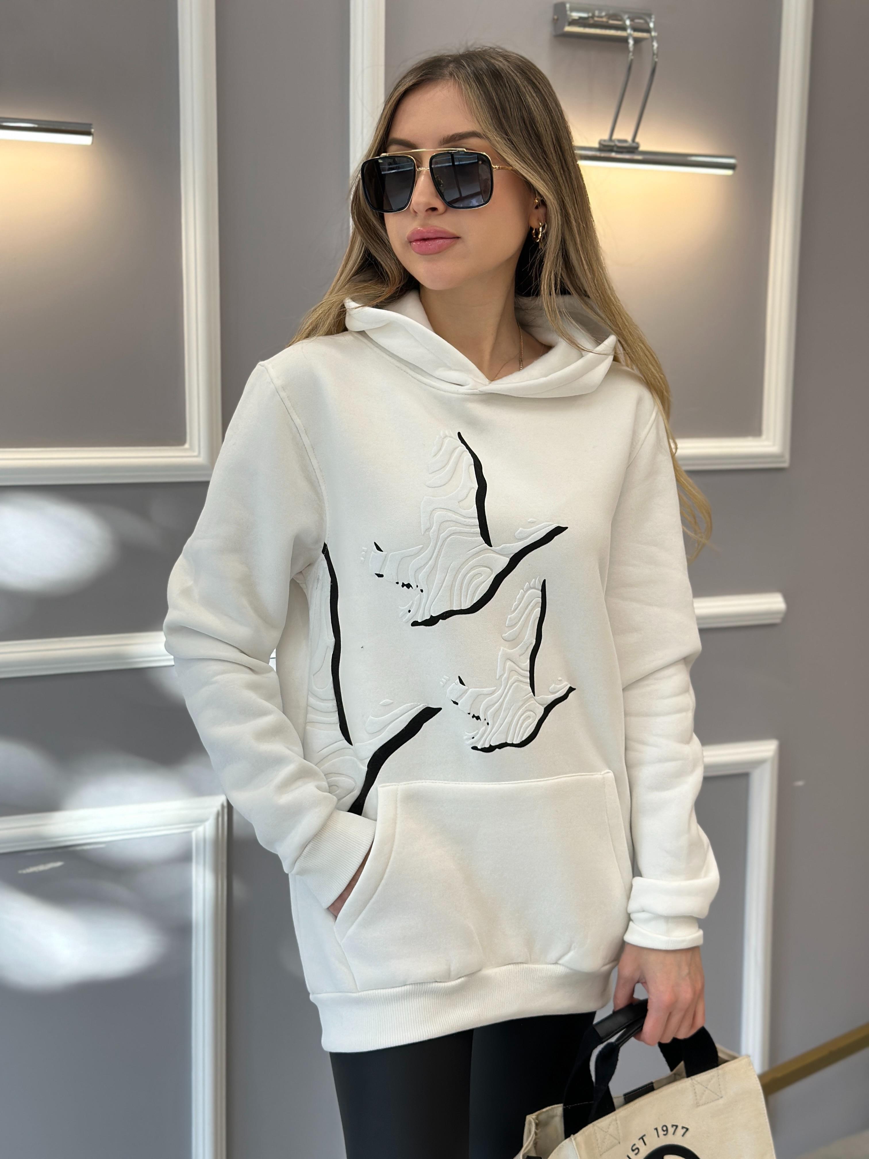 Bn Sweatshirt Kapşonlu Kuş Detaylı Ekru