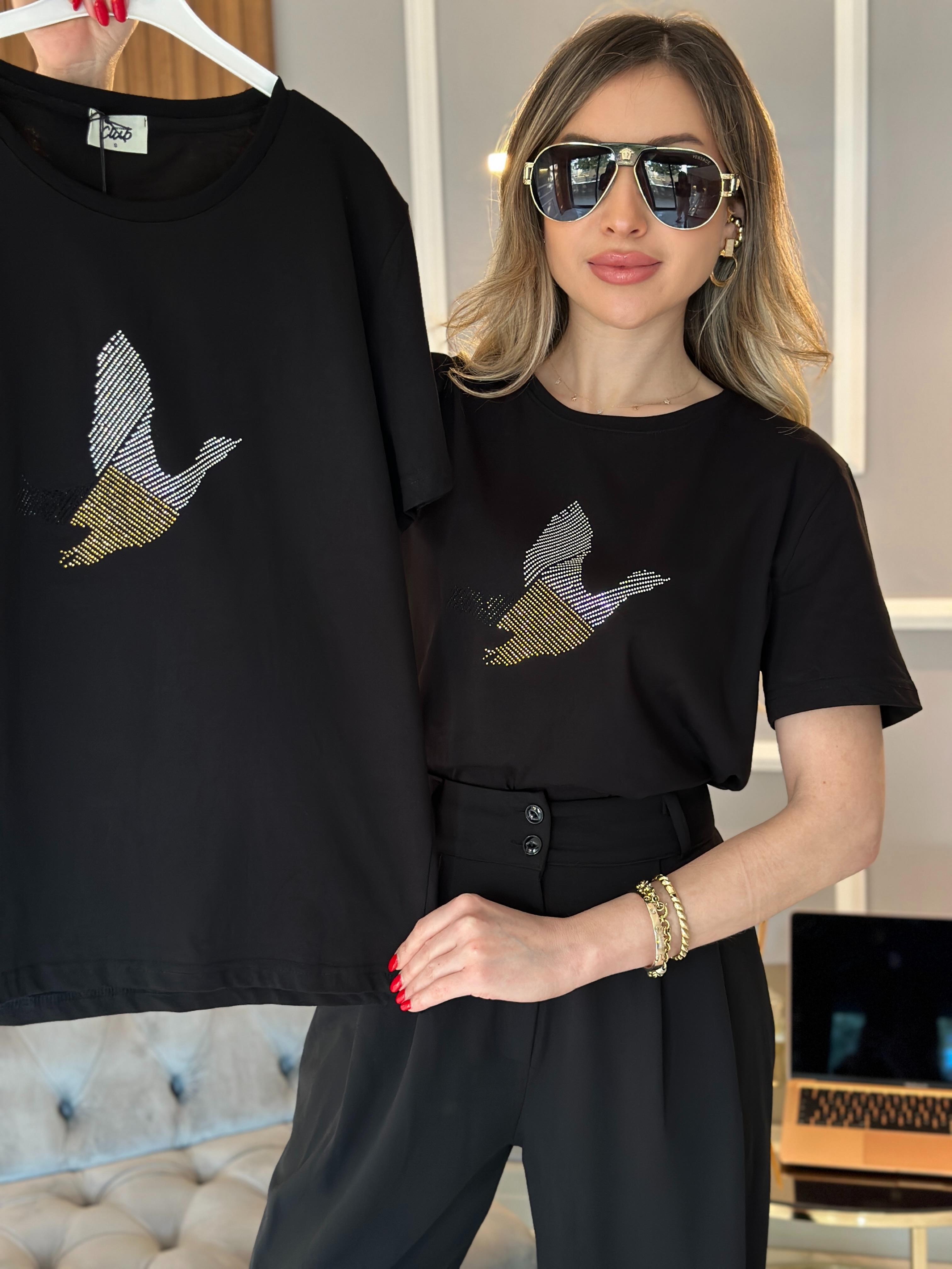 Bn T-shirt Silver Gold Taşlı Kuş Detaylı Siyah