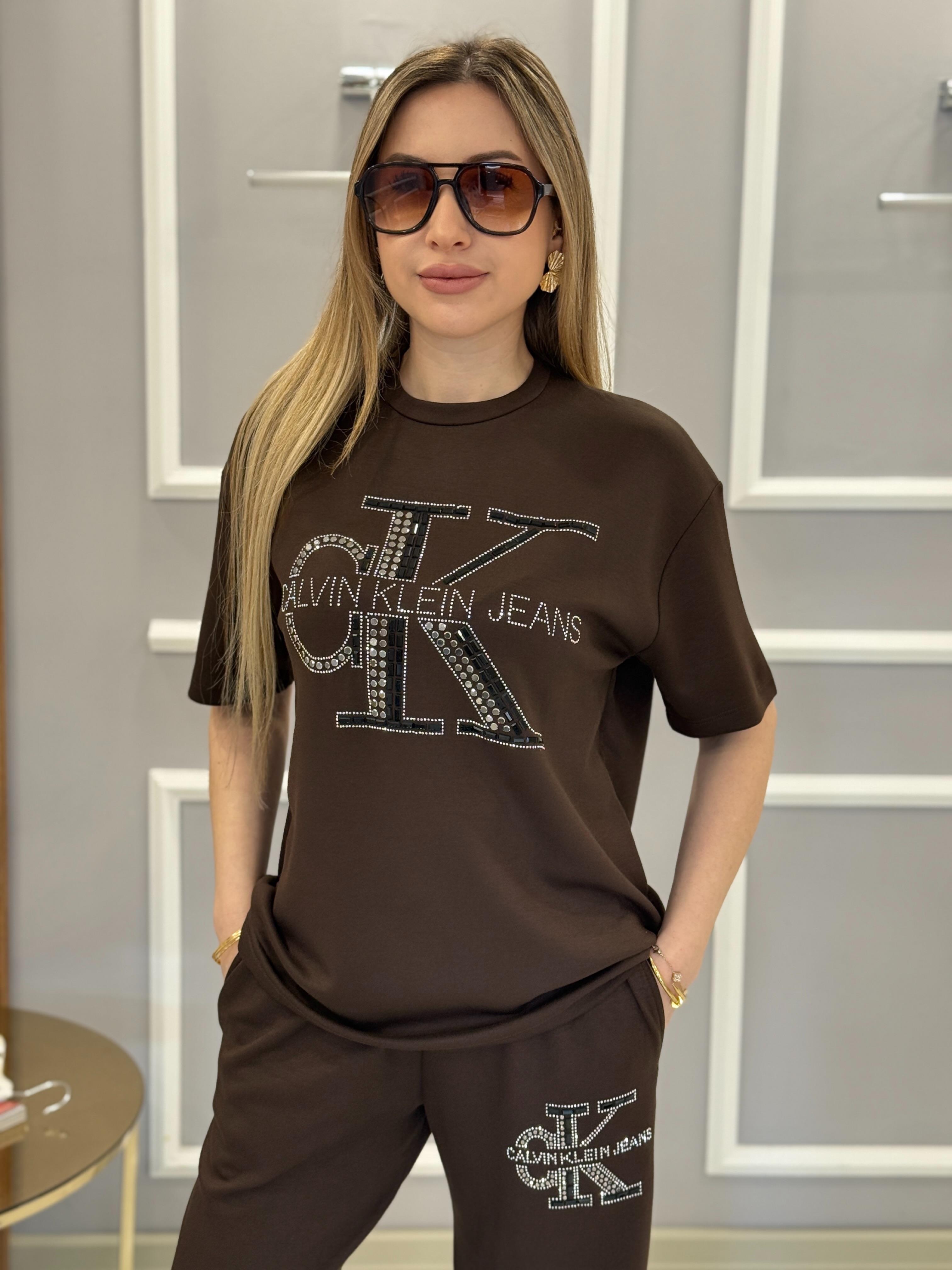 Cn Premium Modal Kumaş Taş Yazılı Acı Kahve Takım 