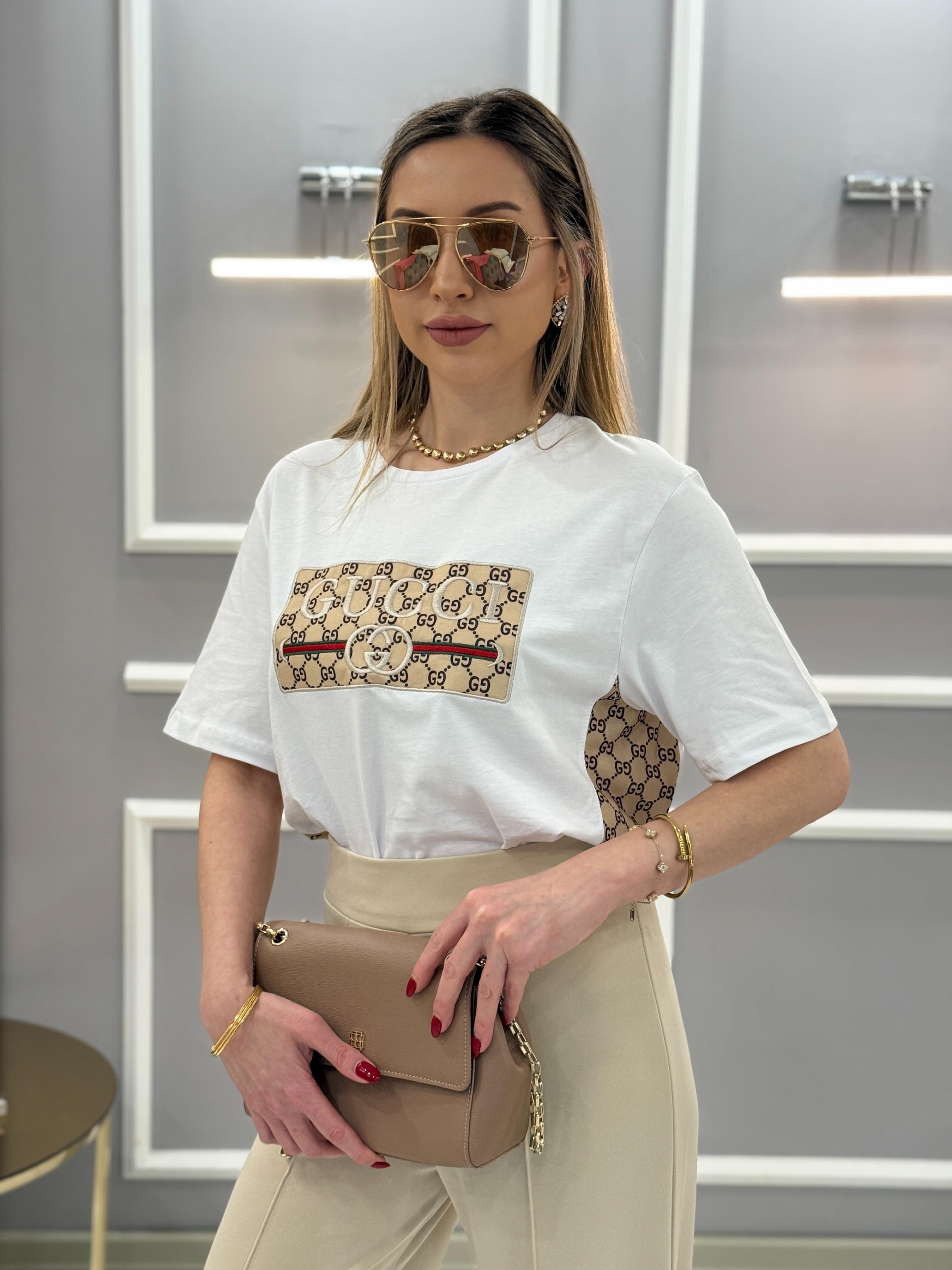 Gc Yazılı Desenli Tişört Beyaz
