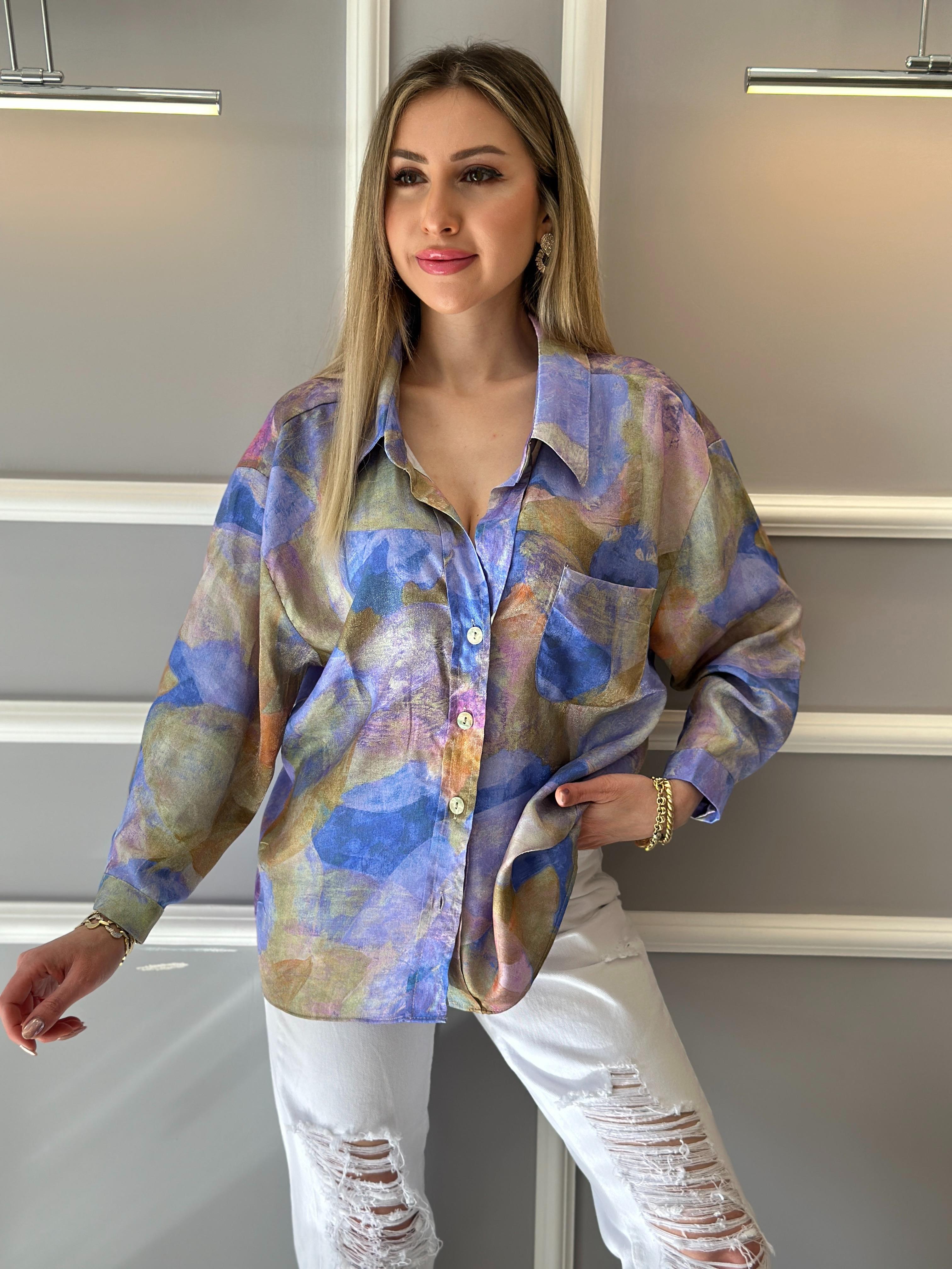 Gömlek Mavi Batik Desen