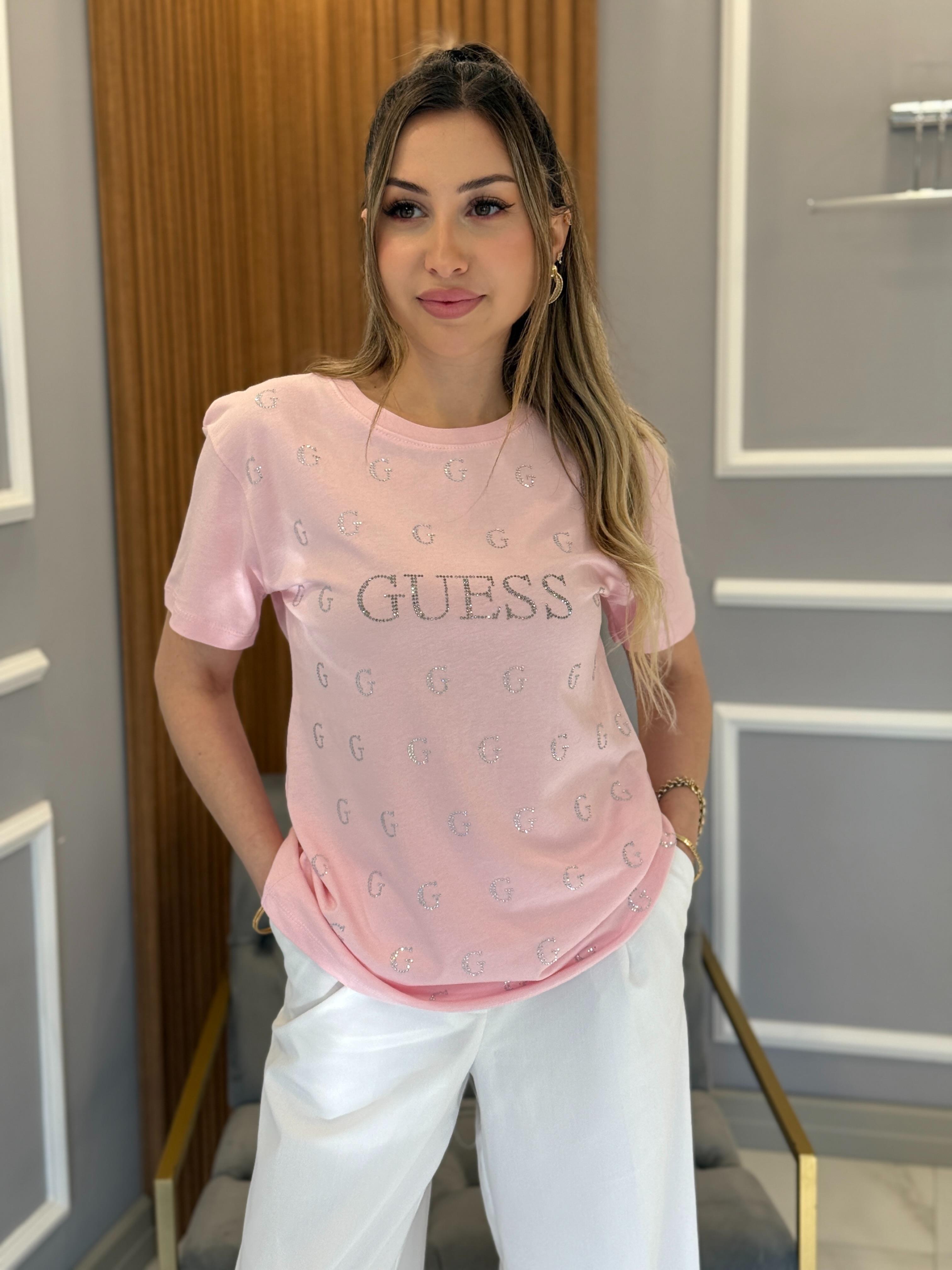 Gu Harf Taşlı Premium Tişört Pembe
