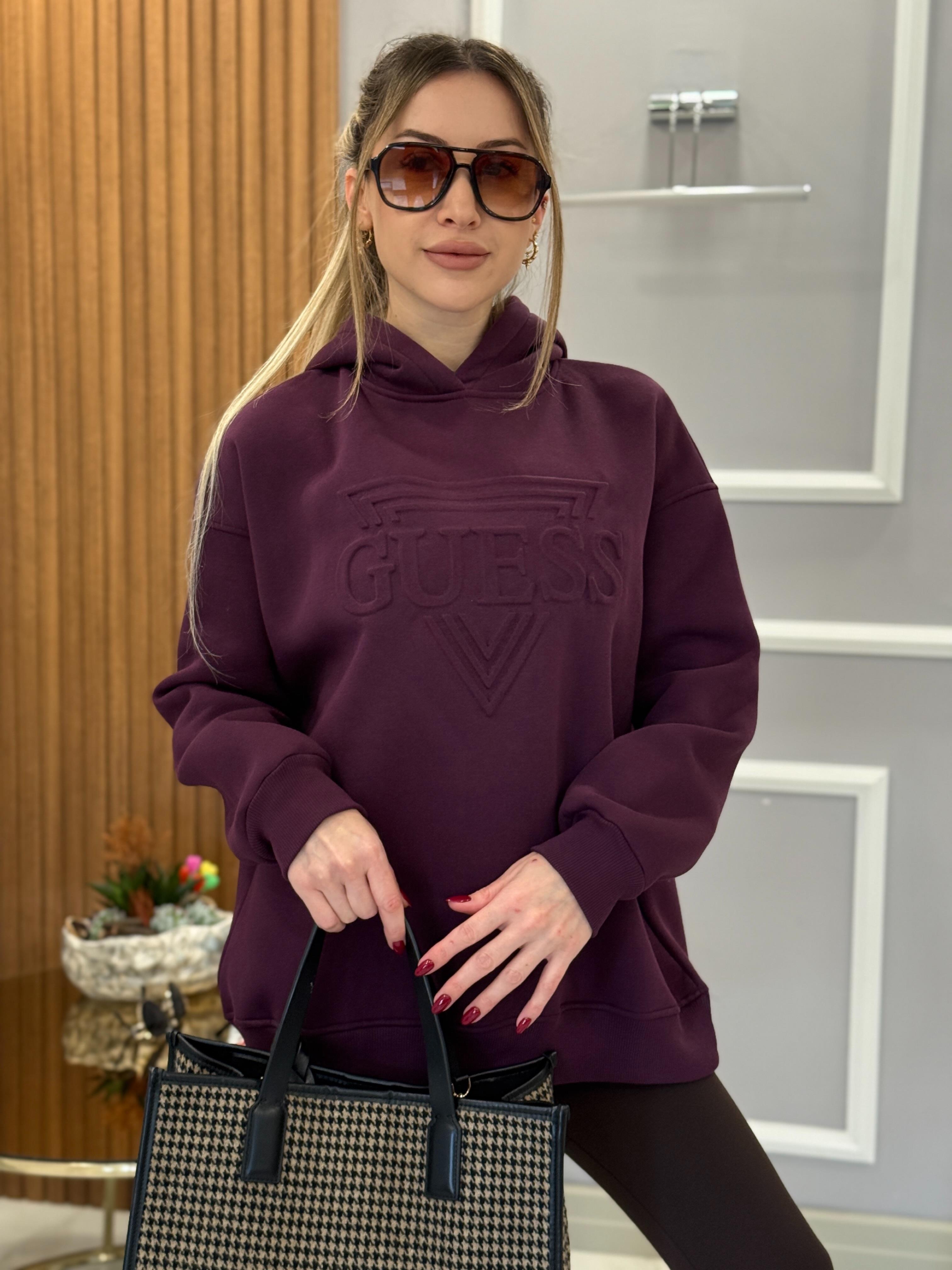 Gu Kapşonlu Kabartma Yazılı  Mürdüm Sweatshirt