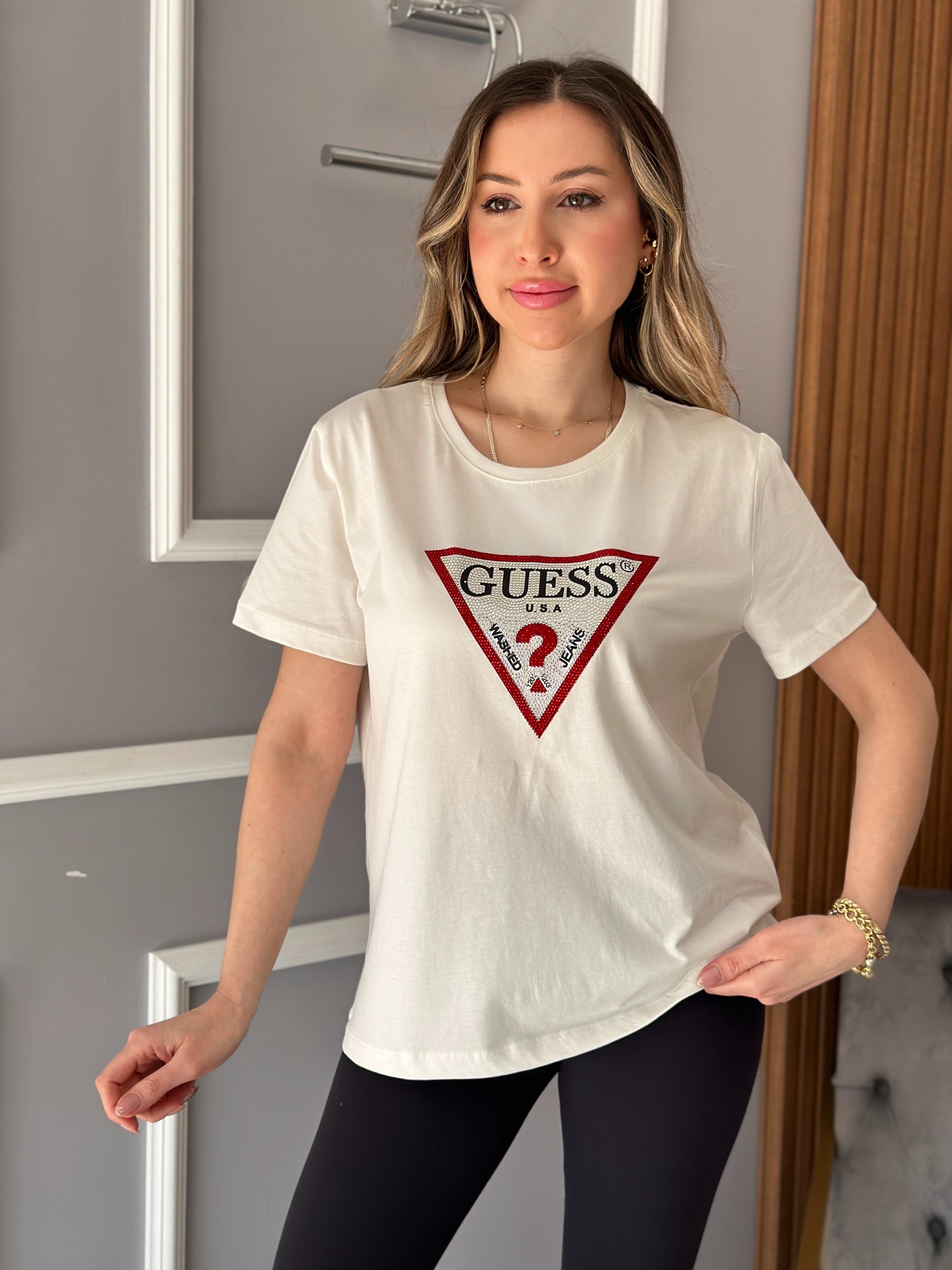 Gu Kırmızı Silver Taş Detaylı  Ekru T-shirt