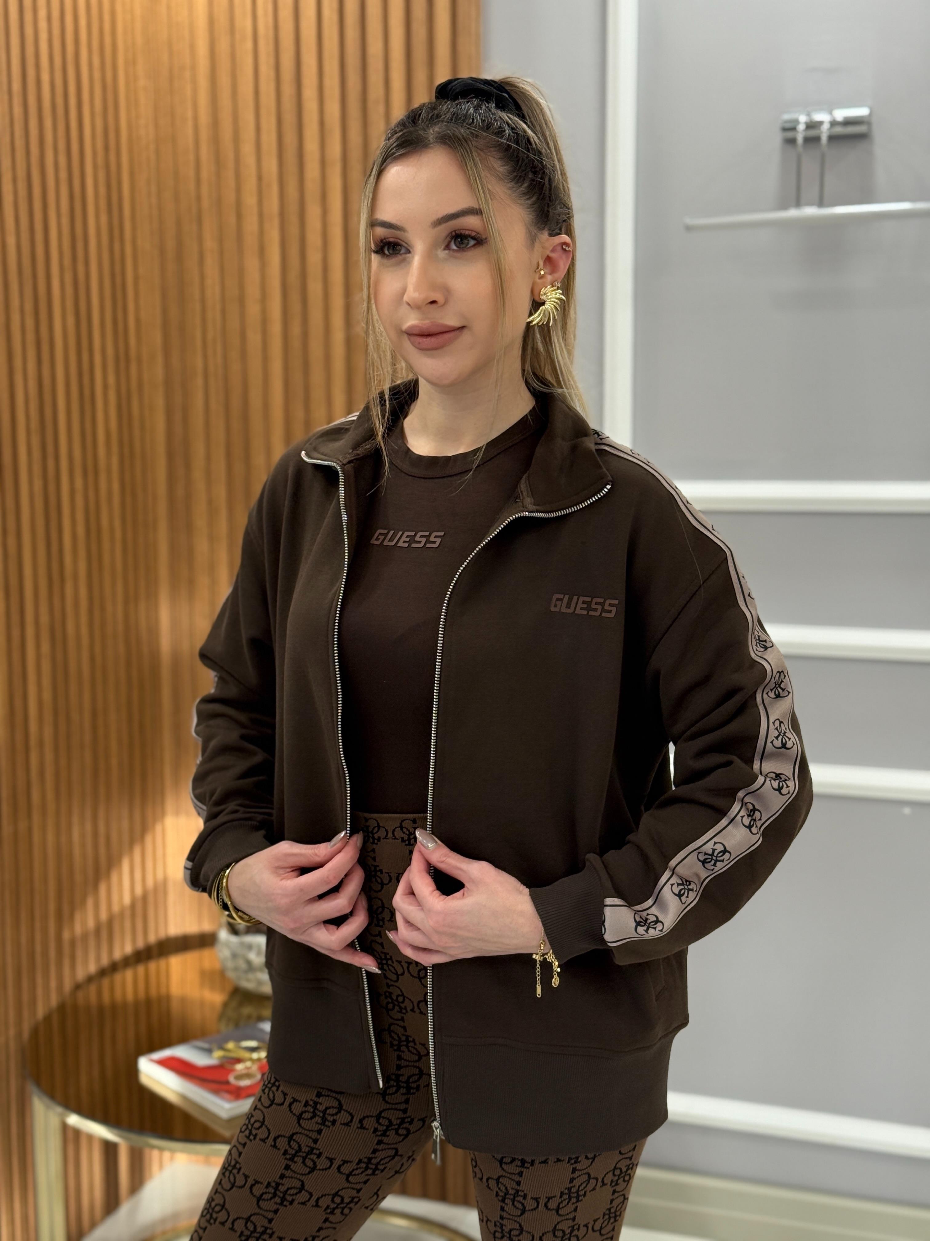 Gu Kol Detaylı Ceket Sweat Fermuarlı Boyu 65 cm Kahverengi
