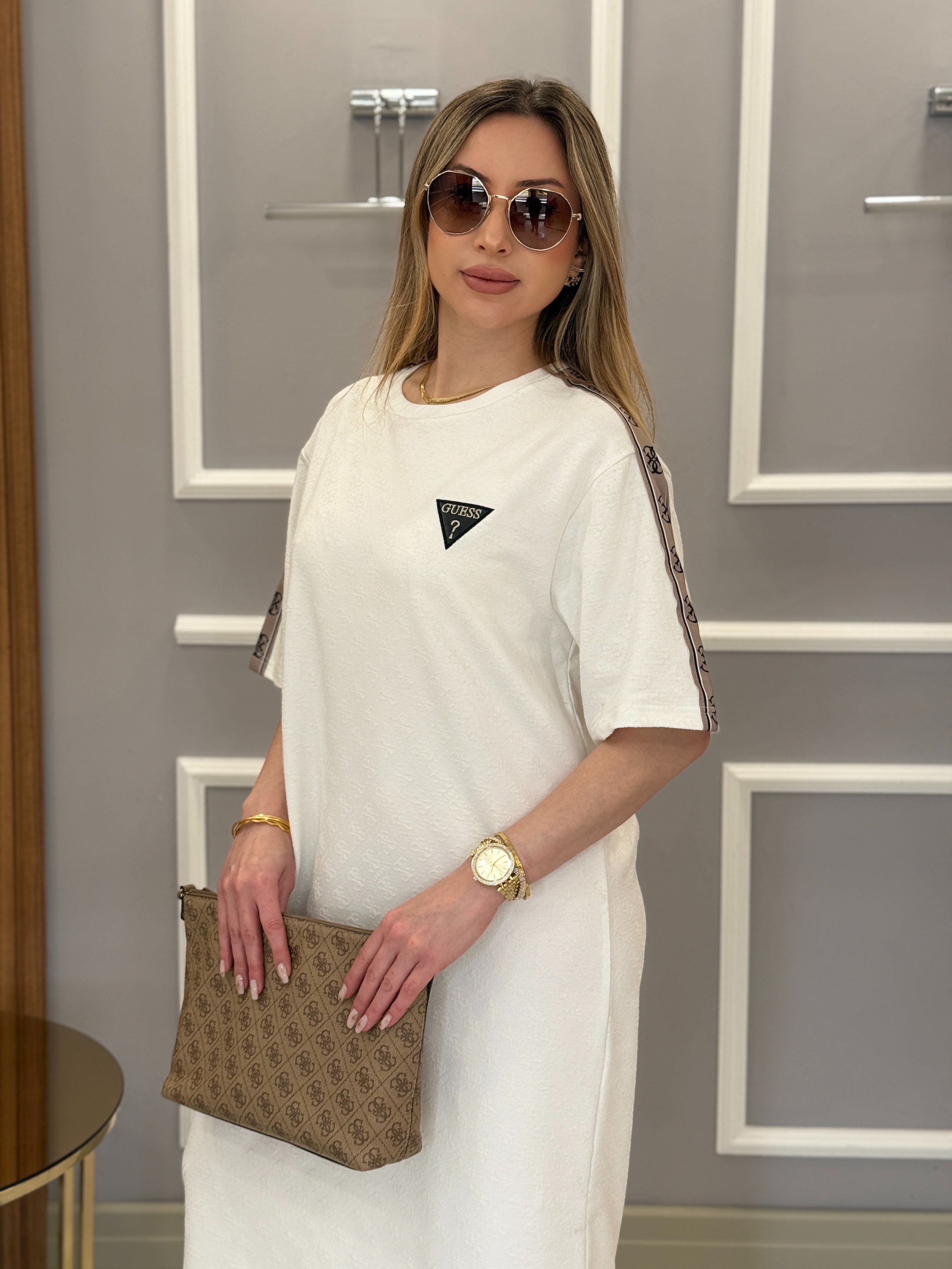 Gu Premium Kendinden Desenli Kol Detaylı Boyu 120cm Kahverengi Elbise