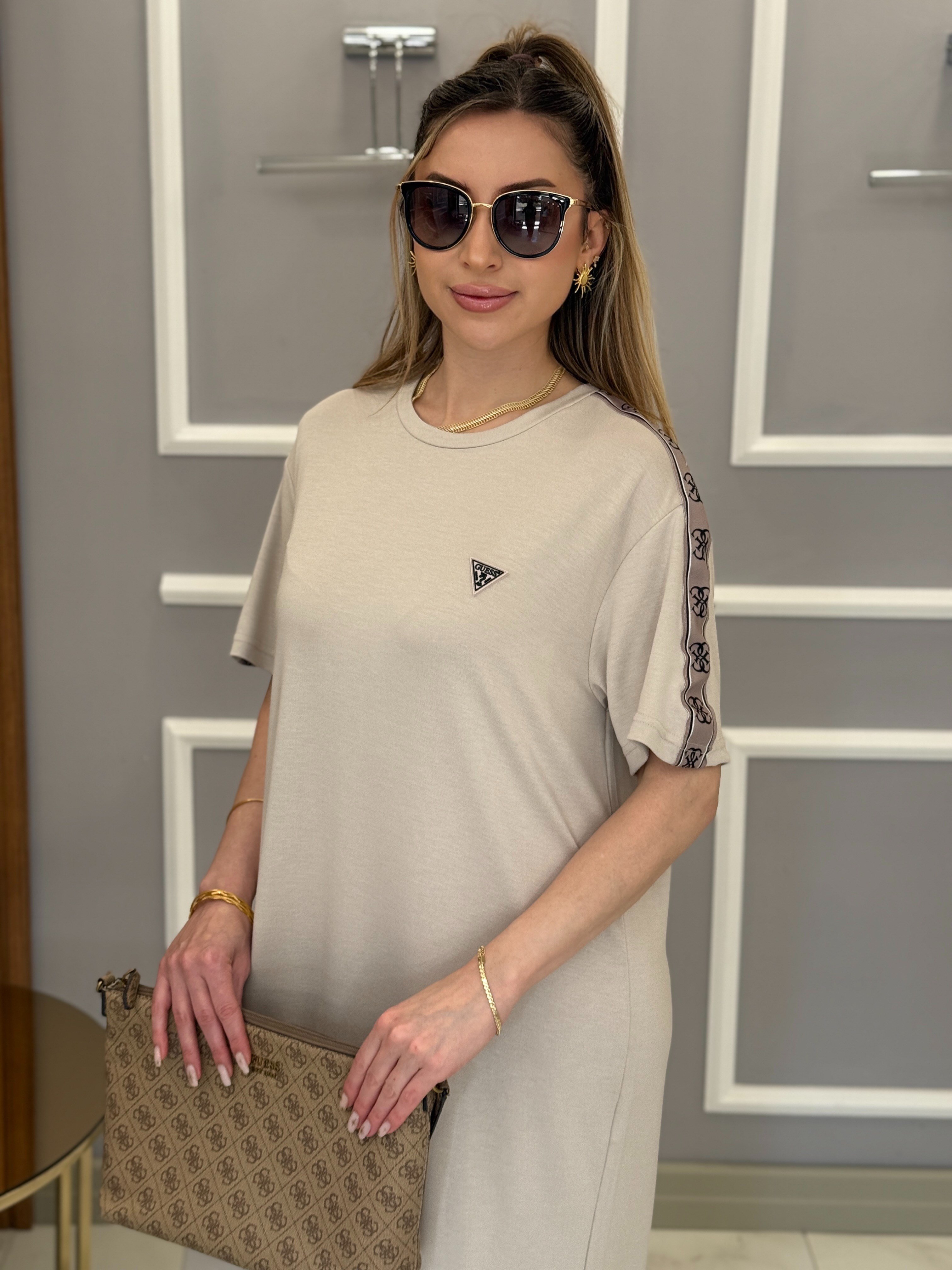 Gu Premium Modal Kumaş Kol Detaylı Yandan Tek Yırtmaçlı Boyu 110cm Vizon Elbise 