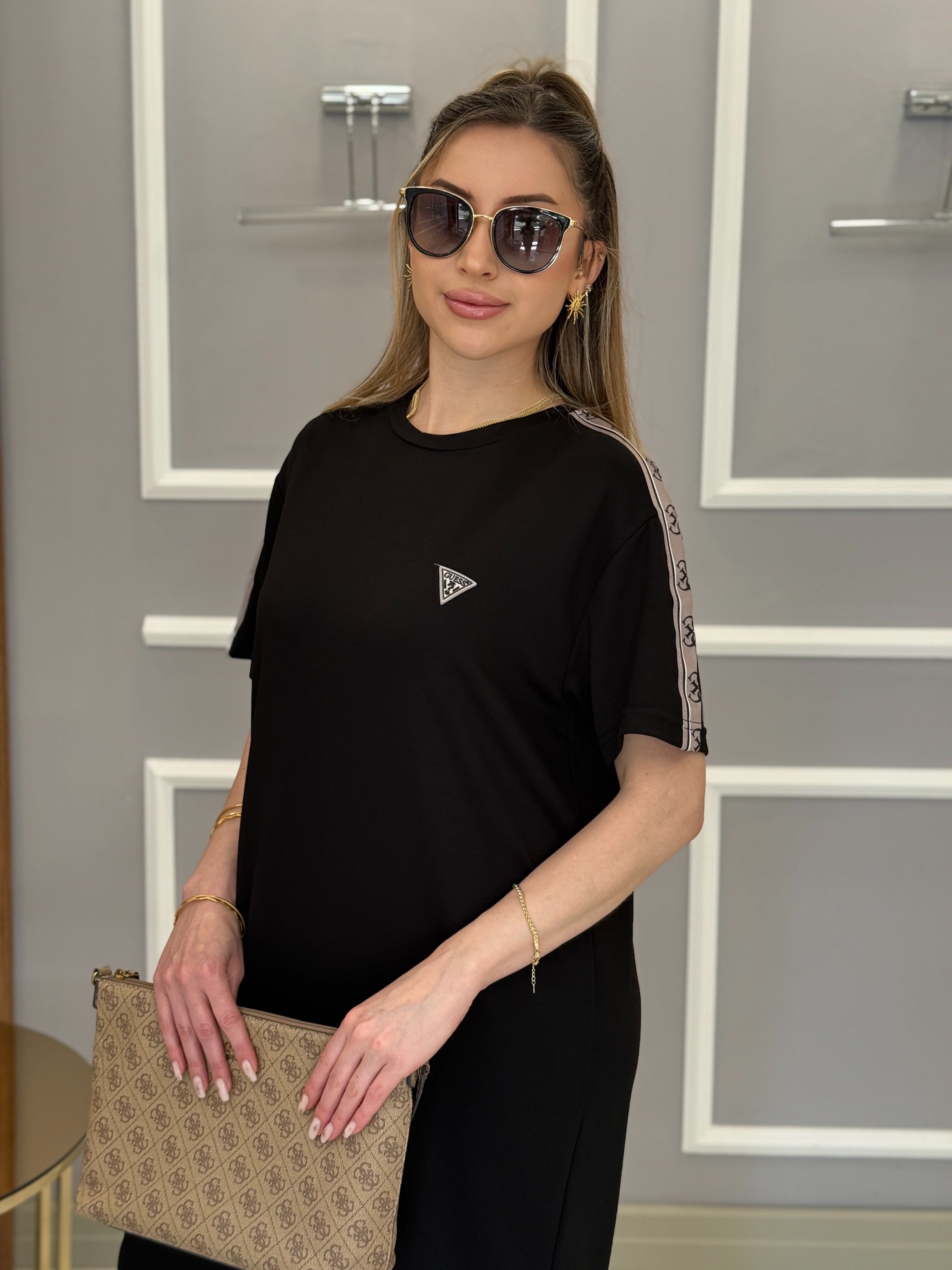 Gu Premium Modal Kumaş  Kol Detaylı Yandan Tek Yırtmaçlı Boyu 110cm Siyah Elbise 