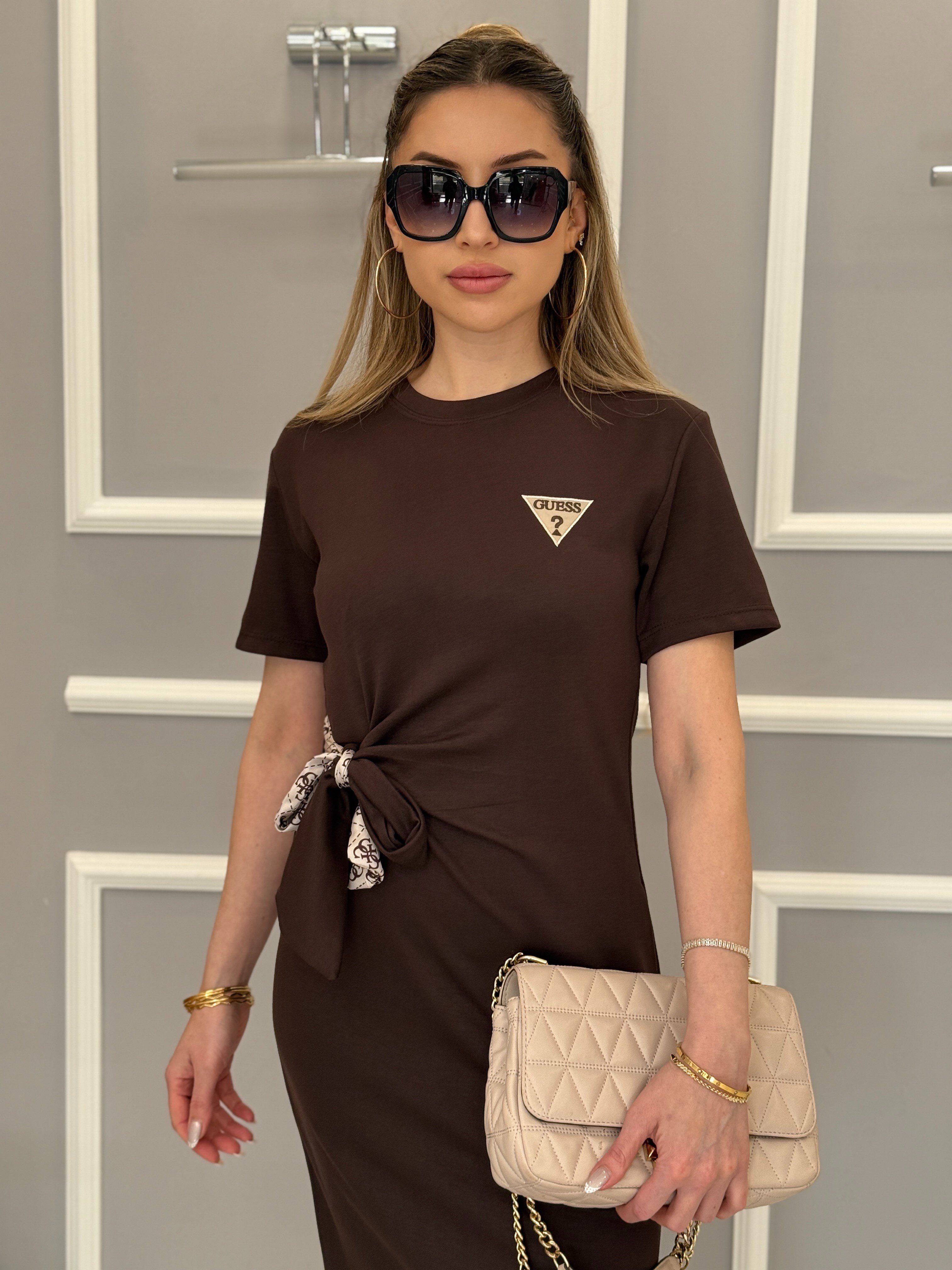 Gu Premium Modal Kumaş Kuşaklı Yandan İki Yırtmaçlı 125 cm Elbise Kahverengi 