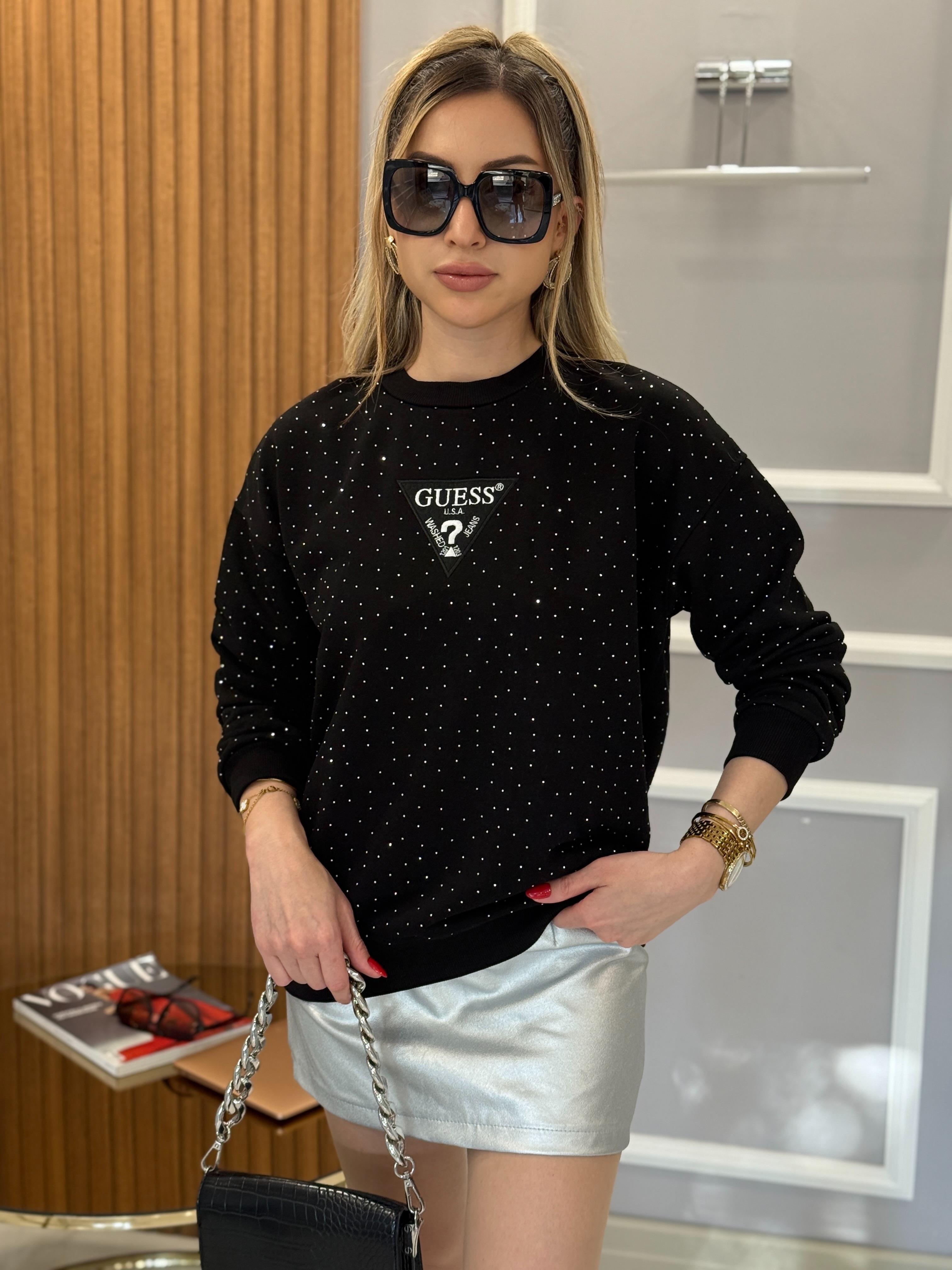 Gu Serpme Taşlı Sweat Boyu 65 cm Siyah