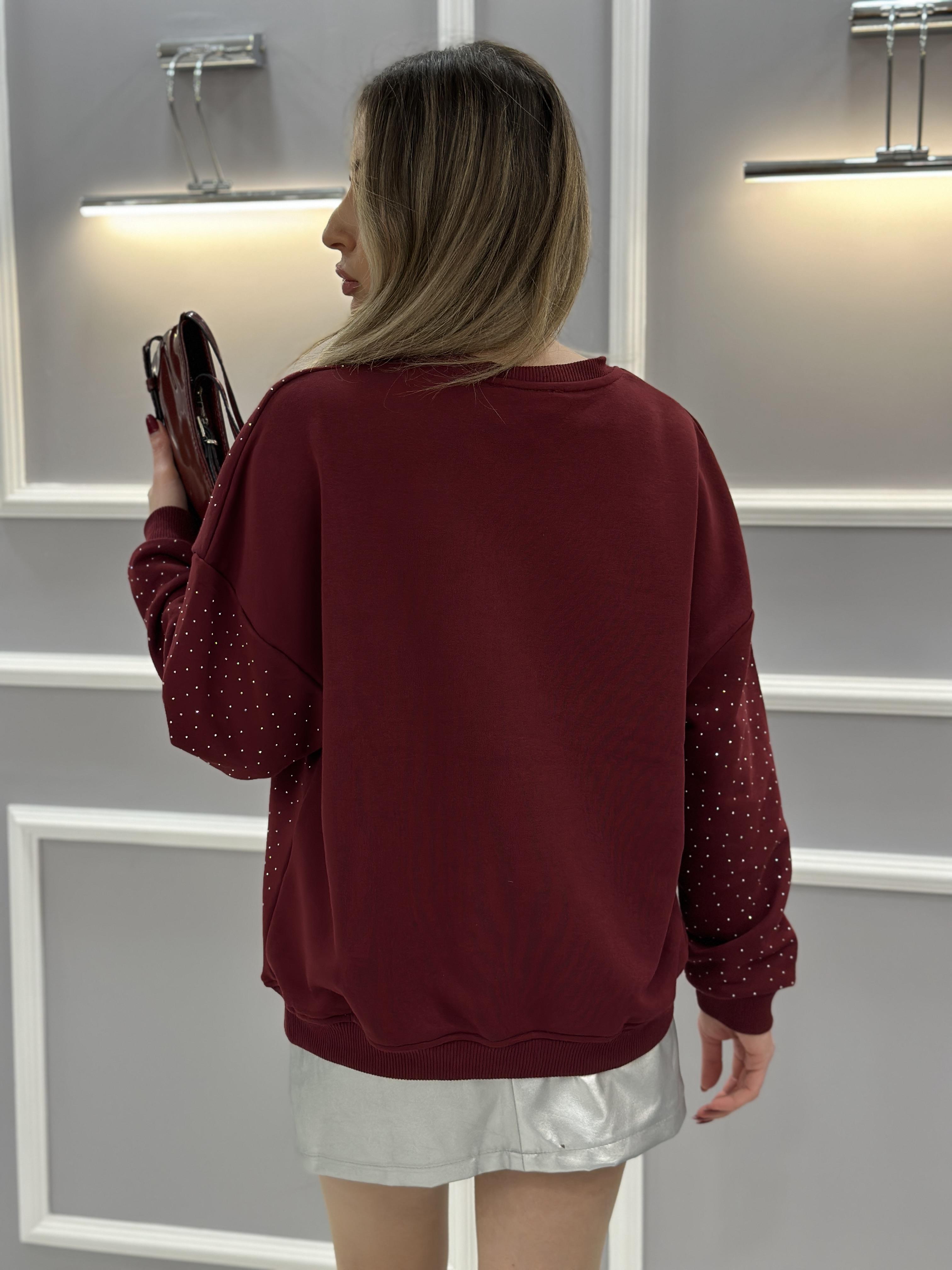 Gu Sweatshirt Serpme Taşlı Bordo