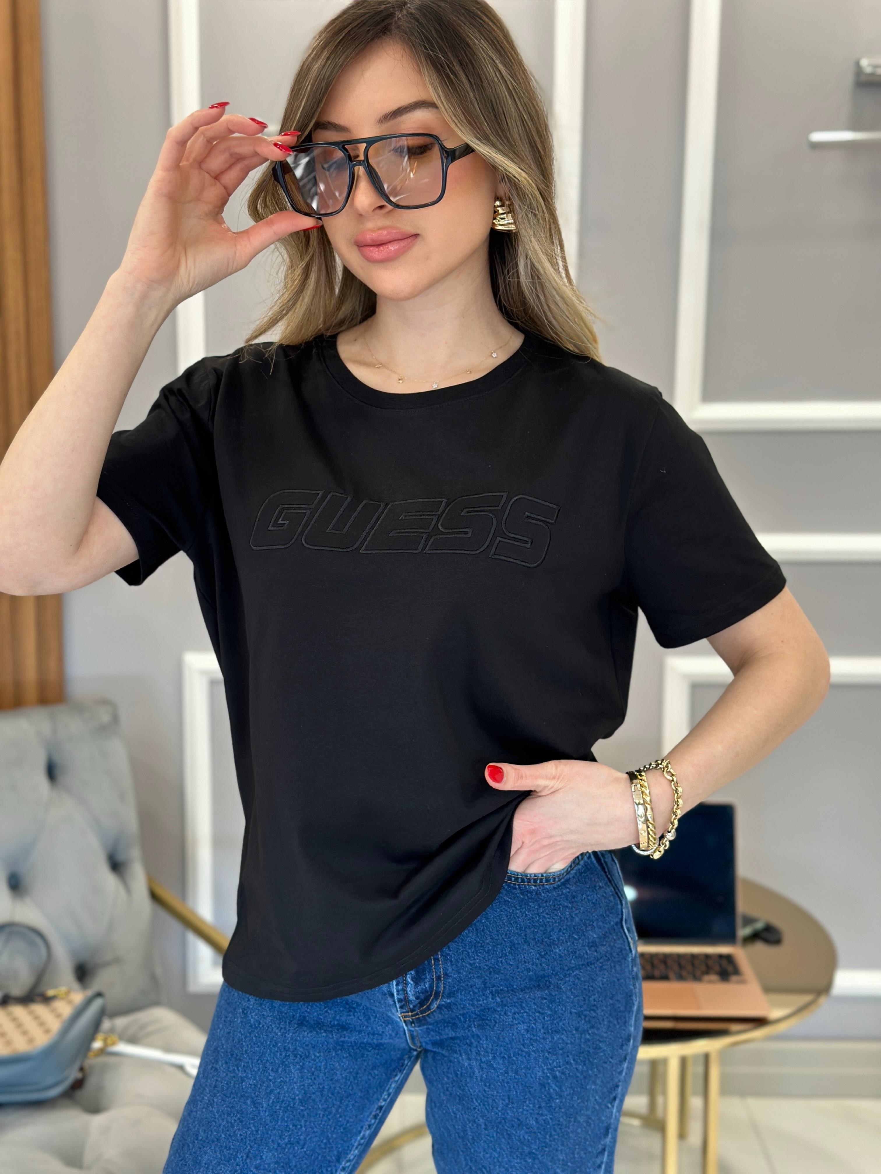 Gu T-shirt Kabartma Yazılı Siyah