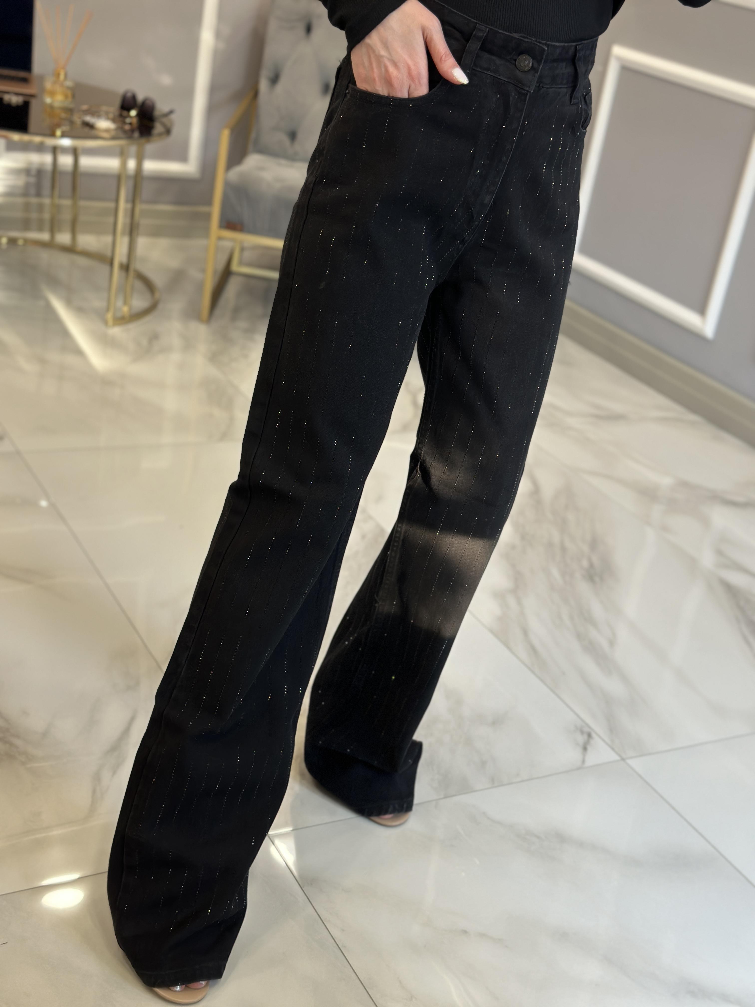 Jeans Taşlı Yüksek Bel Palazzo Siyah